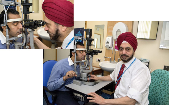 Harminder Dua. Consultant Eye Doctor, Nottingham, United Kingdom. Prof. Dua examining a patient.
